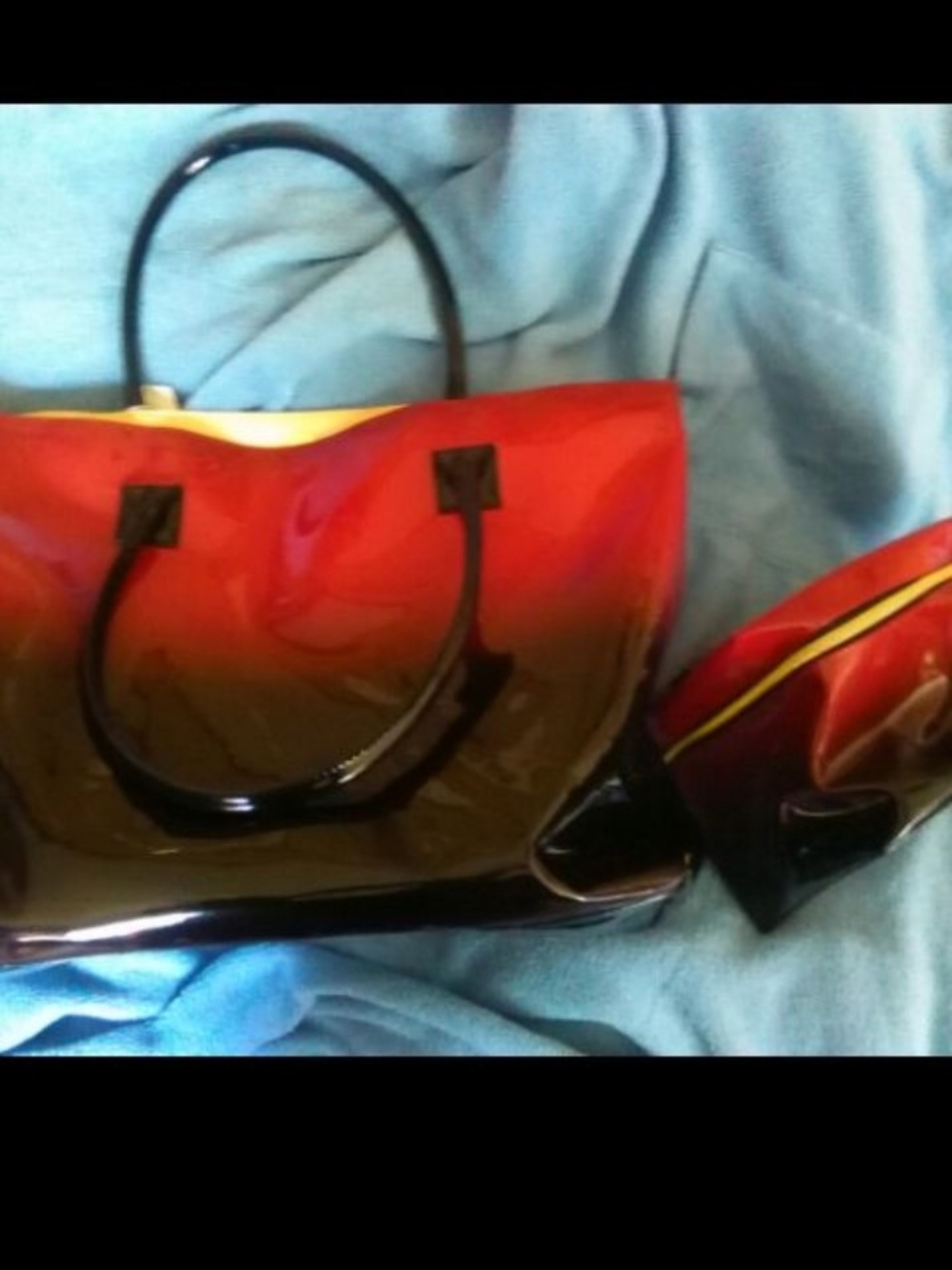 Glossy Red to Black Ombre Large Tote Bag with Matching Pouch